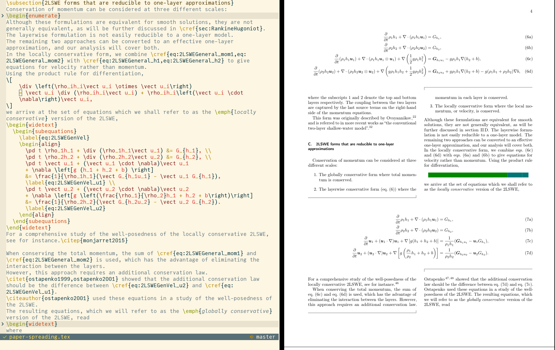 Editing a LaTeX document with VimTeX: source on the left, the typeset PDF on the right.